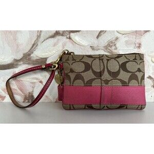 Coach Logo vintage brown and pink canvas zipper wristlet with gold charm and tag